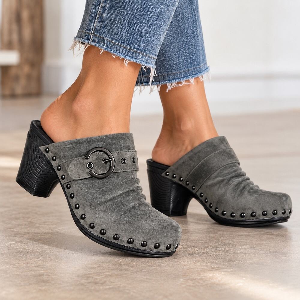 Dansko Nadine Womens Studded Suede Clogs Heeled Slip On Shoes Gray Size 40 9.5